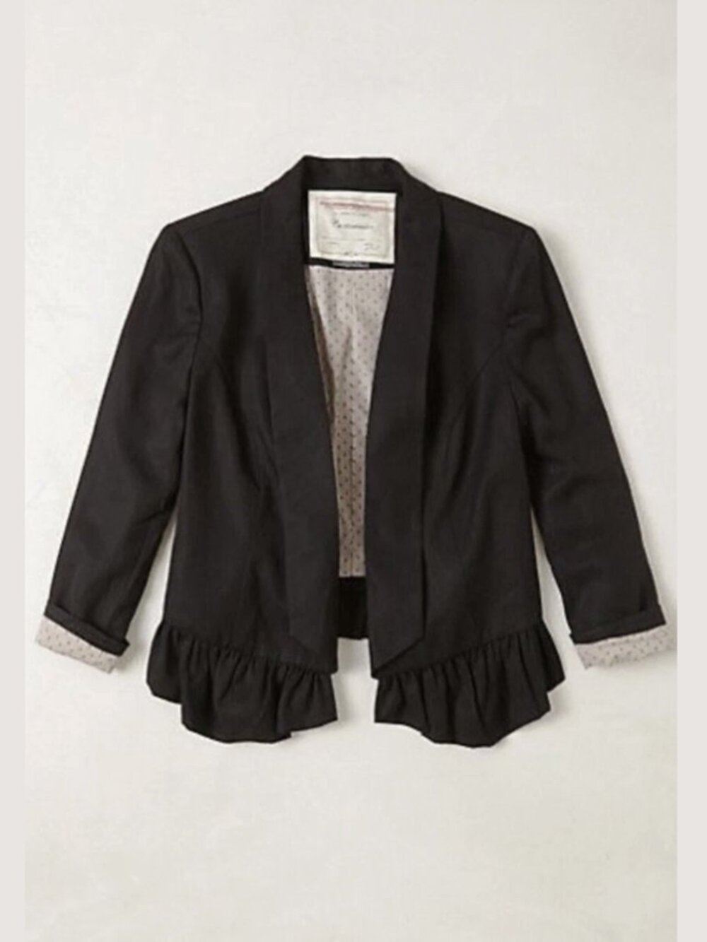 Anthropologie Cartonnier Open Calin Ruffle Hem 3/4 Sleeve Black Blazer, Medium